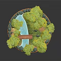 Cartoon Scene Circular Landscape With Green Trees Blue Stream Wooden Bridge And Stone Decorations