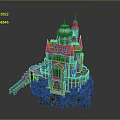 Fantasy Castle On Rocky Platform With Blue Dome Tall Spires And Stone Bridge