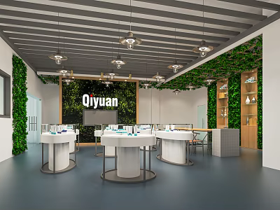 Modern Qiyuan Store Interior With Green Plant Walls White Round Display Tables And Hanging Lamps 3d model