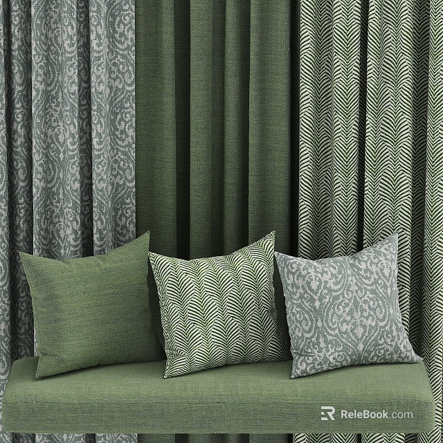 Green and Gray Curtains with Leaf and Geometric Patterns Paired with Decorative Green Pillows 3d model 