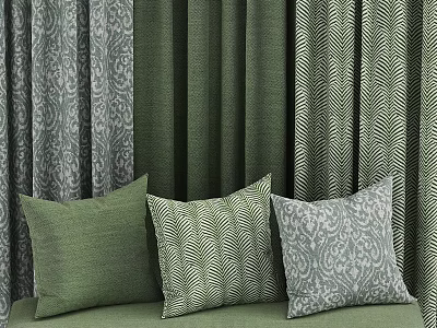 Green and Gray Curtains with Leaf and Geometric Patterns Paired with Decorative Green Pillows 3d model