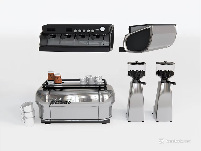 Stainless Steel Kitchen Appliances Including Toaster Coffee Maker And Blenders 3d model 