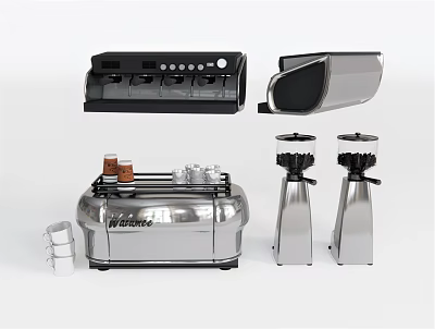 Stainless Steel Kitchen Appliances Including Toaster Coffee Maker And Blenders 3d model