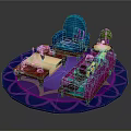 Cozy Living Room Interior With Pink Sofa Blue Chair Coffee Table And Purple Rug