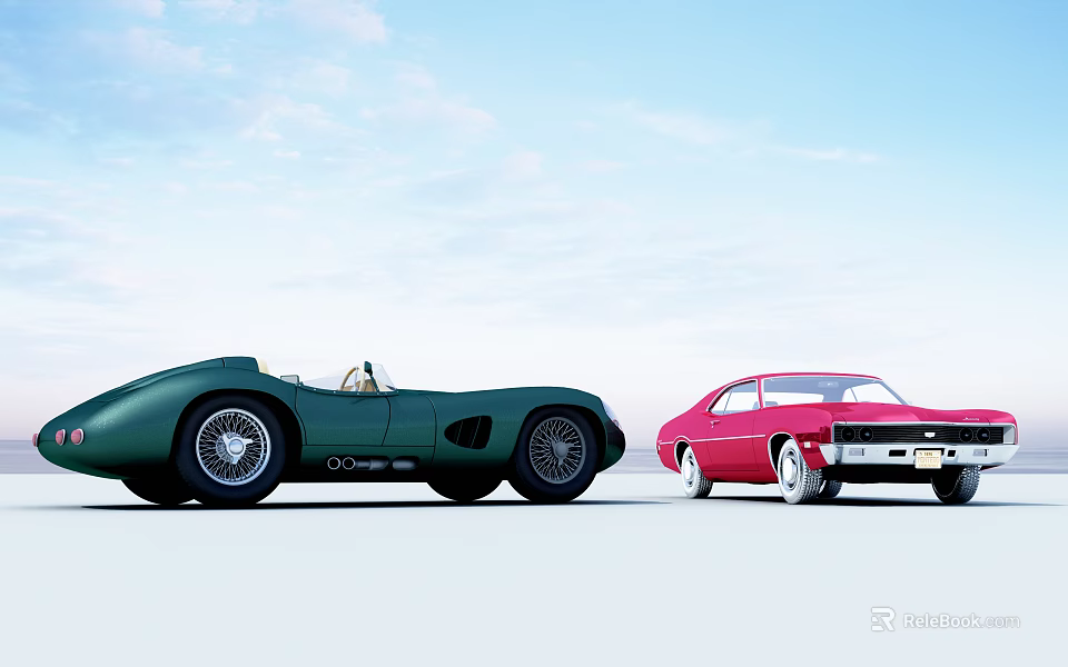 Vintage Green Convertible Sports Car and Red Sedan Under Clear Blue Sky 3d model 