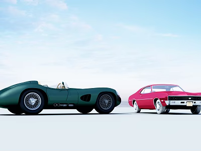 Vintage Green Convertible Sports Car and Red Sedan Under Clear Blue Sky 3d model