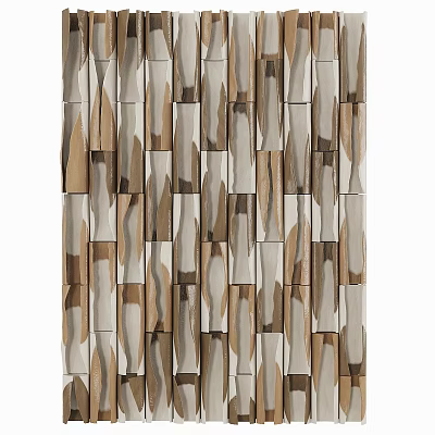 Modern Accent Wall Featuring Textured Wooden Stone Stripes In Brown Beige Gray 3d model