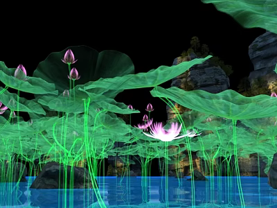 Lotus Flowers Buds And Green Leaves On Water Surface With Rocks In Dark Background 3d model