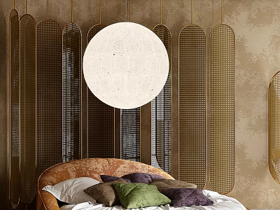 Double Bed With Brown Upholstered Headboard Colorful Pillows Circular Wall Decor And Vertical Striped Screens 3d model