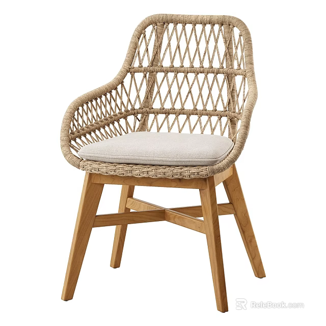 Modern Single Chair With Rattan Weave Backrest Wooden Legs And Soft Cushion 3d model 