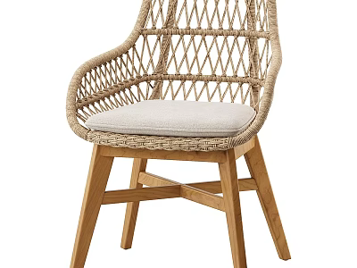 Modern Single Chair With Rattan Weave Backrest Wooden Legs And Soft Cushion 3d model