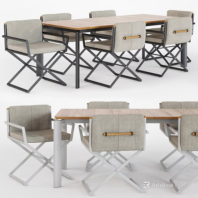 Modern Table And Chairs Set With Upholstered Fabric Seats Cross Metal Legs And Wooden Top 3d model 