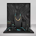 Luxury Gold And Turquoise Jewelry Set With Necklace Earrings In Black Display Stand Wave Background