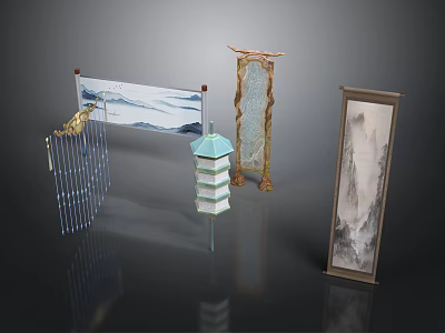 Chinese Style Decorative Living Supplies Including Scroll Screen Lantern And Painting 3d model