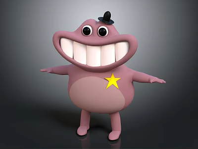 Happy Pink Cartoon Character With Black Hat Yellow Star Big Teeth And Open Arms Standing 3d model