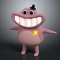 Happy Pink Cartoon Character With Black Hat Yellow Star Big Teeth And Open Arms Standing