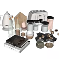 Modern Kitchenware Collection Featuring Kettle Toaster Wooden Cutting Board Glass Bottles Storage Jars and Bowls