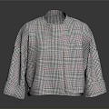 Stylish Black White Red Plaid Loose Fit Jacket With Round Neck Three Quarter Sleeves