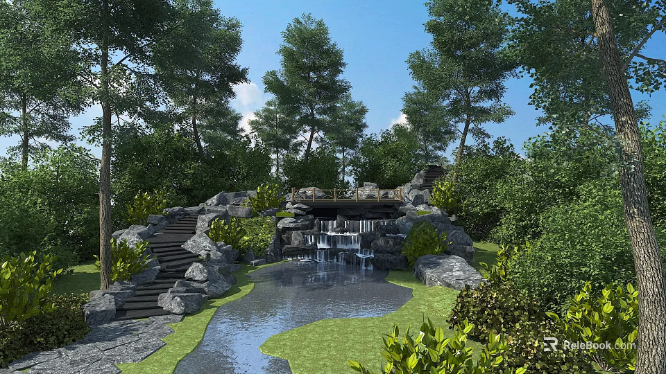 Natural Garden Landscape With Waterfall Pond Stone Steps And Green Trees 3d model 