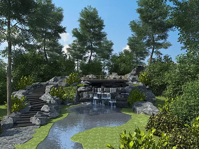 Natural Garden Landscape With Waterfall Pond Stone Steps And Green Trees 3d model