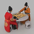 Two Men In Traditional Chinese Clothing Playing Go Game At Stone Table