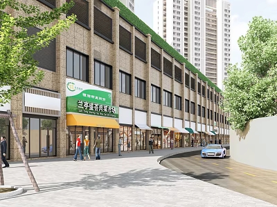 Modern Shopping Mall Retail Shops Exterior With Stylish Building Pedestrians Car And Green Trees 3d model
