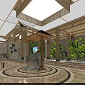Elegant Spacious Hotel Lobby With Traditional Wooden Structure Lush Green Plants And Luxury Marble Floors
