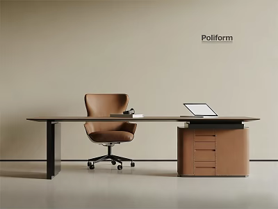 Modern Poliform Office Desk With Brown Chair Laptop And Leather Drawer Cabinet 3d model