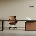 Modern Poliform Office Desk With Brown Chair Laptop And Leather Drawer Cabinet