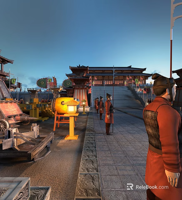Ancient Chinese Architecture With Traditional Roof Stone Steps And People In Historical Street Scene 3d model 