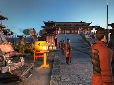 Ancient Chinese Architecture With Traditional Roof Stone Steps And People In Historical Street Scene 3d model
