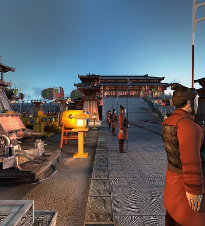 Ancient Chinese Architecture With Traditional Roof Stone Steps And People In Historical Street Scene 3d model