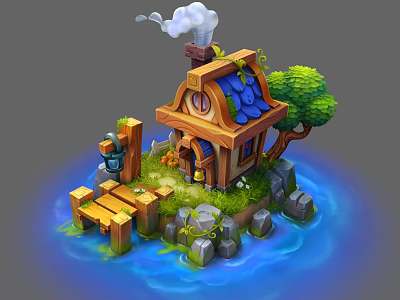Vibrant Cartoon Scene With Wooden Cabin Green Tree Water Rocks And Wooden Bridge 3d model