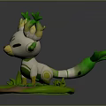 Cute White And Green Cartoon Game Character With Green Antlers Tail And Grassy Base