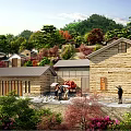 Traditional Village Architectural Design With Stone Houses Greenery And People Walking
