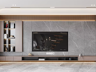 Modern TV Background Wall Design With Marble Surface Built in TV And Wooden Cabinets 3d model