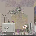 Elegant Event Space With Floral Decor Hanging Arrangements White Furniture And Arch Mirror
