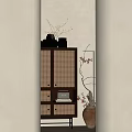 Decorative Cabinet with Woven Doors and Black Vases Top with Floor Lamp in Neutral Interior