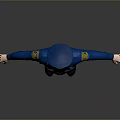 Man In Blue Police Uniform With Hat Standing Arms Outstretched On Gray Background
