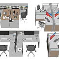 Modern Office Desks In Cubicles With Computers Chairs And File Cabinets 3d model