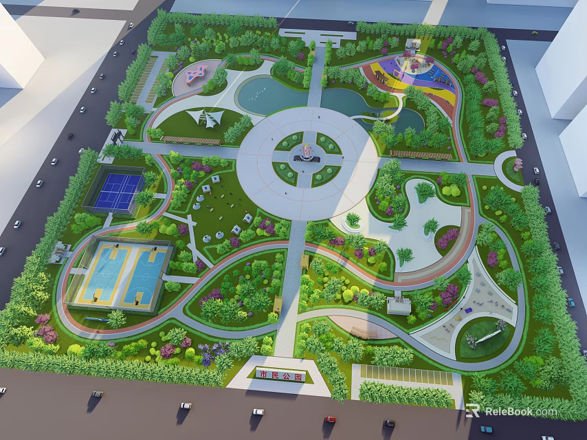 Urban Park Landscape With Circular Central Plaza Walking Paths Green Lawns Ponds And Playground 3d model 