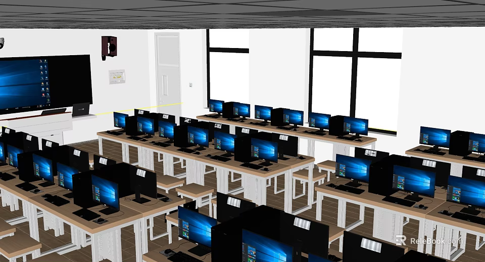 School Computer Lab with Rows of Computers on Wooden Desks and Windows 3d model