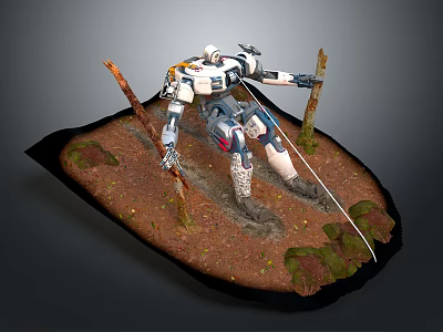 White Mechanical Robot Standing On Dirt Ground With Wooden Sticks And Small Plants 3d model