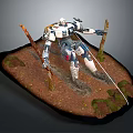 White Mechanical Robot Standing On Dirt Ground With Wooden Sticks And Small Plants