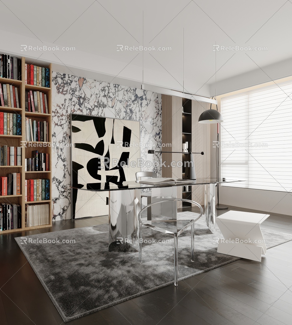 Modern Study Desk Carpet Bookcase Chandelier 3d model