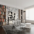 Modern Study Desk Carpet Bookcase Chandelier 3d model