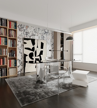 Modern Study Desk Carpet Bookcase Chandelier 3d model