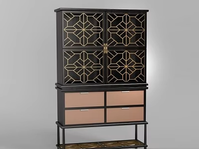 Stylish Black Entryway Side Cabinet with Gold Geometric Patterned Doors and Drawers 3d model