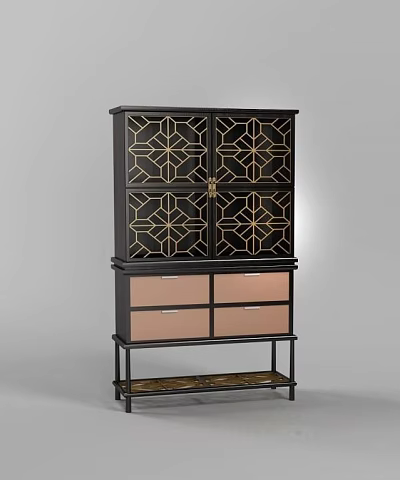 Stylish Black Entryway Side Cabinet with Gold Geometric Patterned Doors and Drawers 3d model