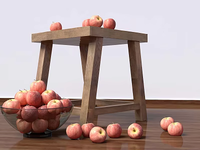Fresh Apples on Wooden Stool in Glass Bowl and Scattered on Floor 3d model Fresh Apples on Wooden Stool in Glass Bowl and Scattered on Floor 3d model